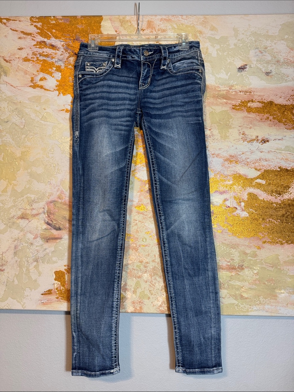 Rock Revival Hadley Womens Blue Embroidered Pocket Ankle Skinny Jeans size 26 - Picture 2 of 13